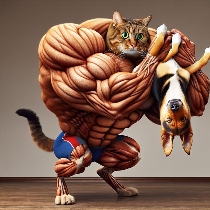 Muscular Fitness Cat Carrying Dog in Playful Upside-Down Scene