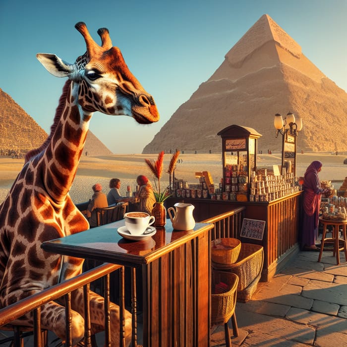 Giraffe Enjoying Coffee at Giza Pyramids | Cozy Cafe Scene