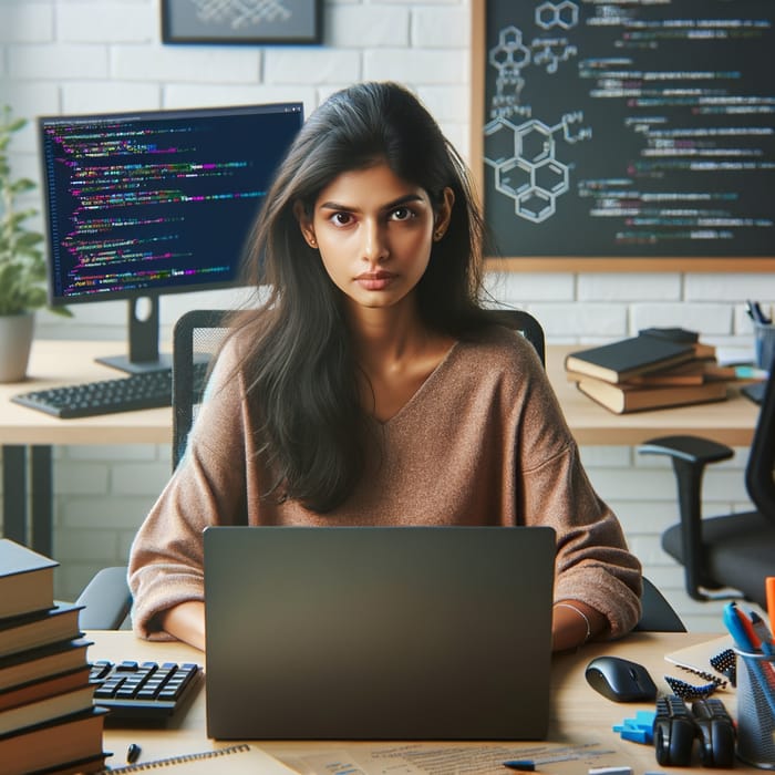 South Asian Female Programmer Drawing Code in Modern Office