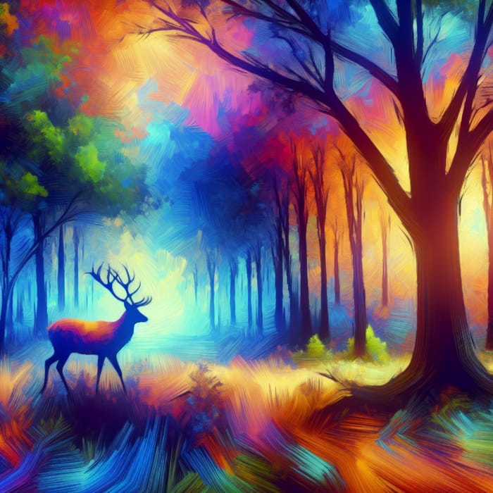 Enchanting Forest Scene: Impressionist Painting with Graceful Deer