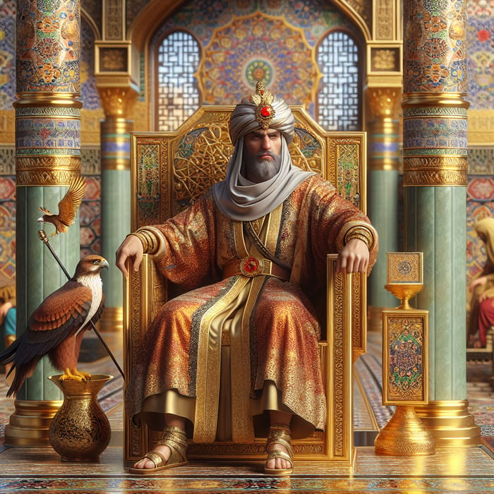 Arabian King on Golden Throne in Luxurious Hall