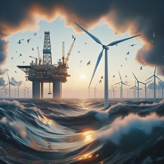 Offshore Oil Platform and Wind Turbine with Seabirds in Sunset Scene