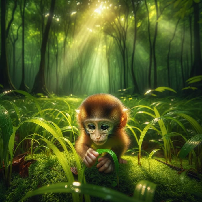 Monkey Touching Grass in South Asian Forest