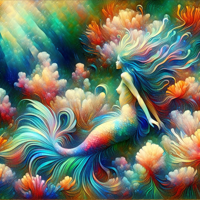 Surreal Underwater Mermaid Art with Colorful Coral Reefs