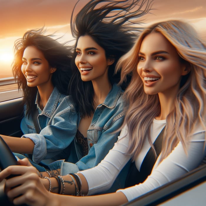 Three Stylish Girls Racing in a Sports Car