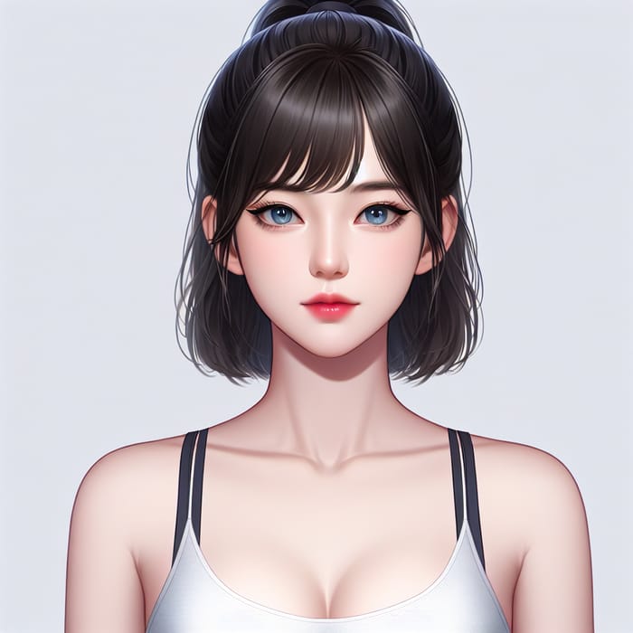 Realistic Portrait of a Sporty Woman with Blue Eyes and Black Hair