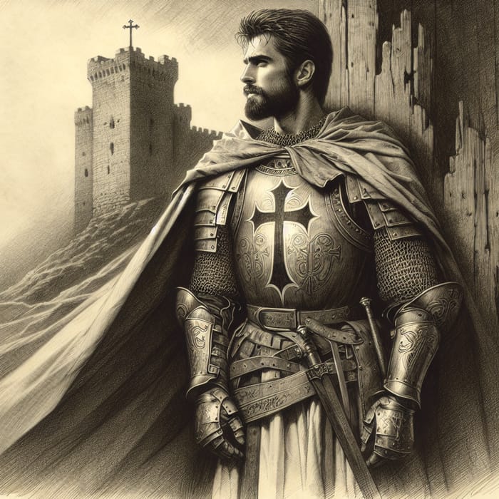 Middle-Eastern Knight with Biblical Symbol Cape - Detailed Pencil Drawing