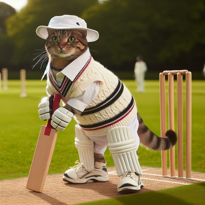 Striped Cat in Cricket Attire Ready to Play | Athletic Feline