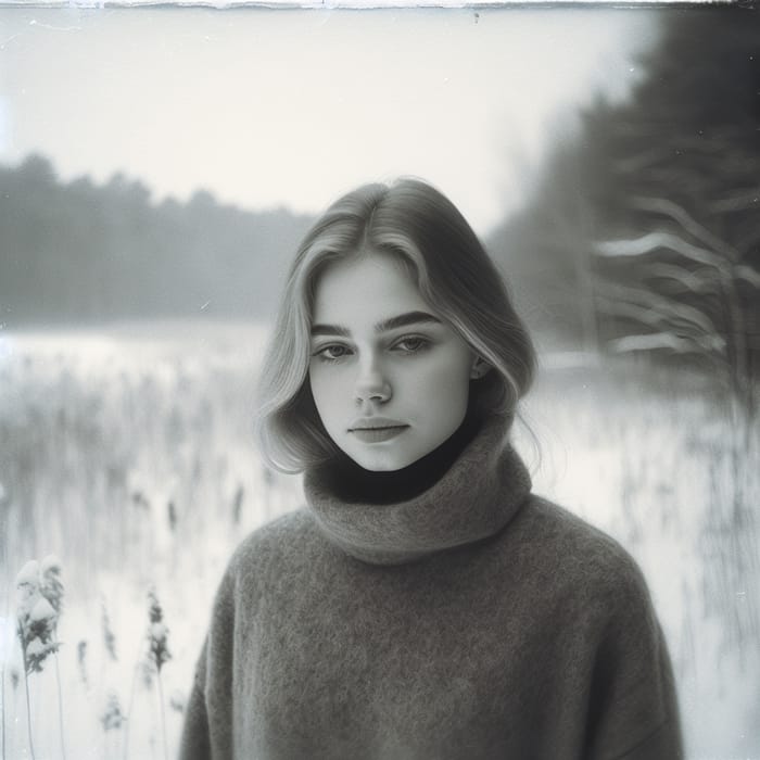 Tranquil Vintage Winter Portrait in Monochromatic Landscape