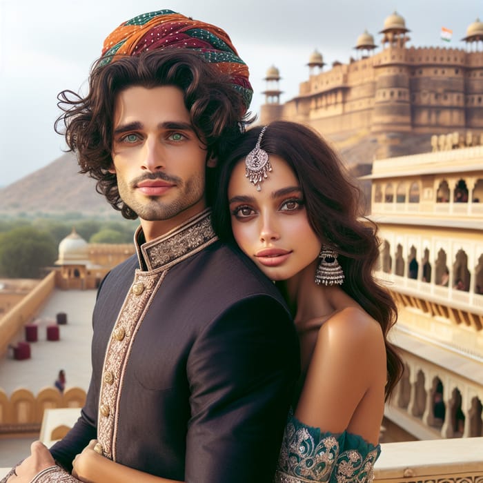 Romantic Indian King and Queen Embrace at Rajasthani Royal Fort