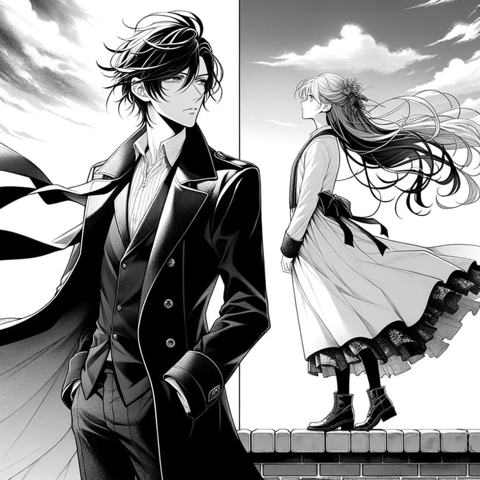 Stylish Anime Rooftop Encounter in Black and White