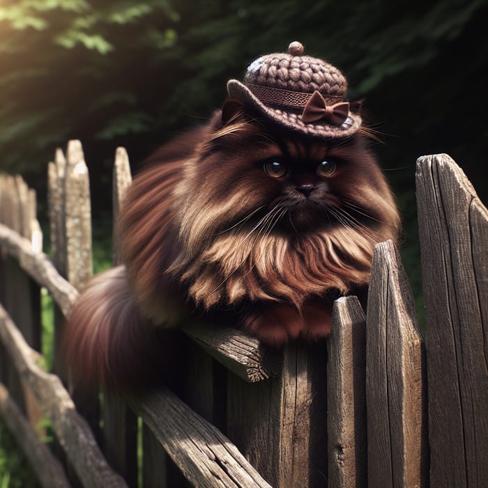 Sleek Dark Brown Cat with Hat Perched on Fence