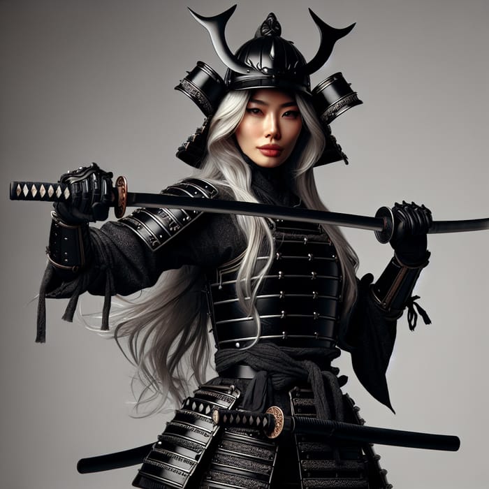 Japanese Samurai Woman with Horns and Katana | Black Armor