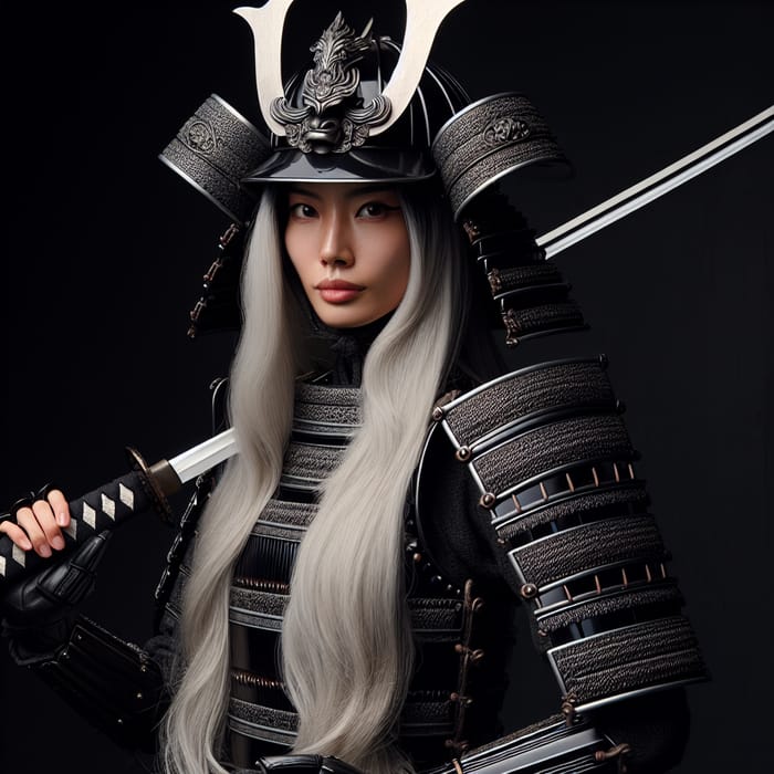 Japanese Samurai Woman in Black Armor with Horns and Katana