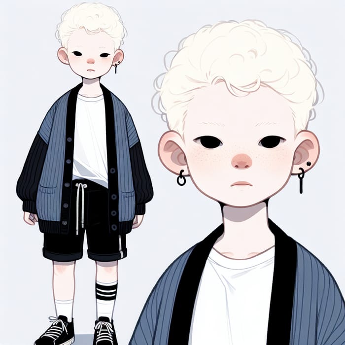 Albino Boy in Black Shorts and Blue Sweater
