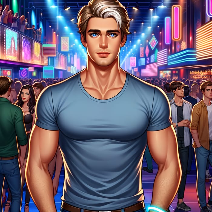 Muscular Caucasian Man with Unique Style in Vibrant Nightclub Setting