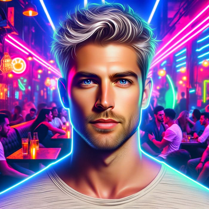 23-Year-Old Muscular Caucasian Man in Neon-Lit Nightclub Scene