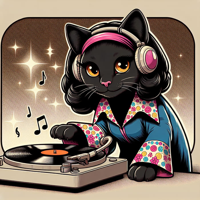 Anthropomorphized Black Cat in 1970s Disco Fashion | Comic Style