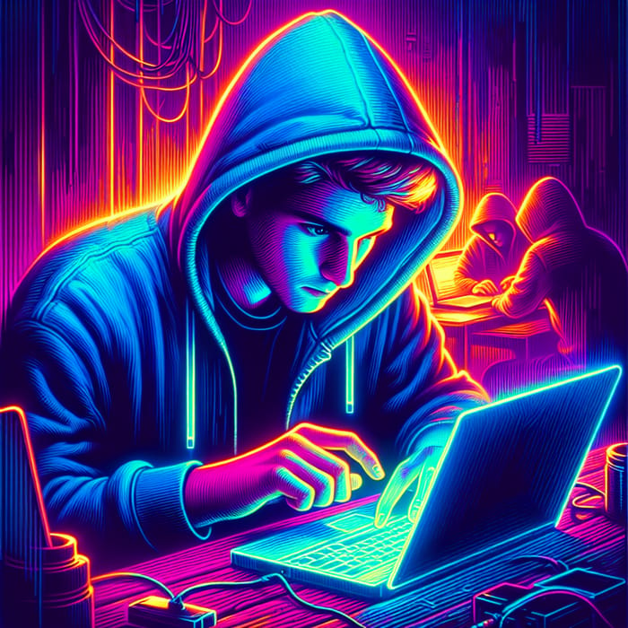Neon Hacker Art: Young Man in Blue Hoodie Hacking Computer