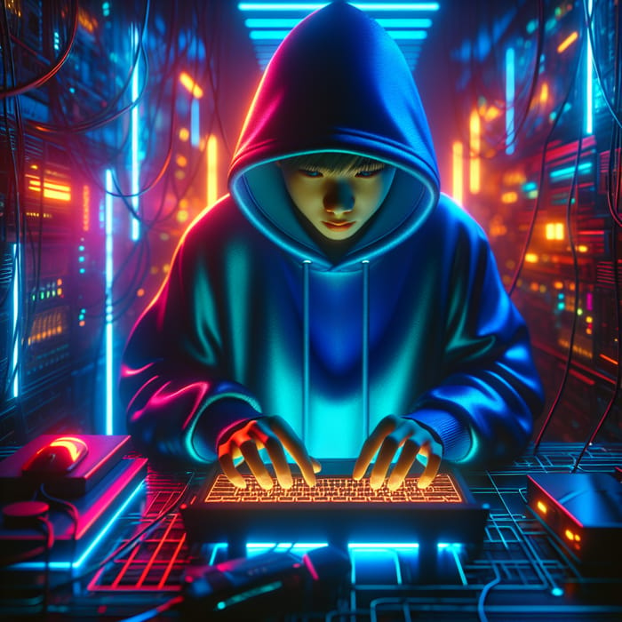 Neon Boy Hacking in Blue Hoodie - Digital Art by Jordan Grimmer & Greg Rutkowski