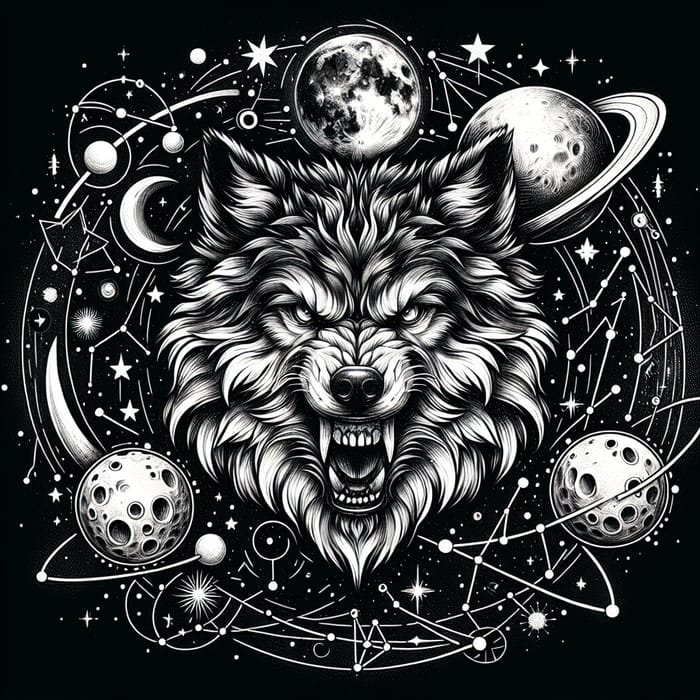 Ferocious Wolf Tattoo with Celestial Surroundings