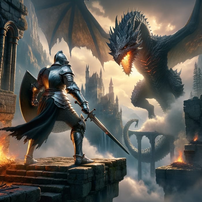 Epic Knight and Dragon Battle - Mystical Castle Scene with Fiery Ambiance