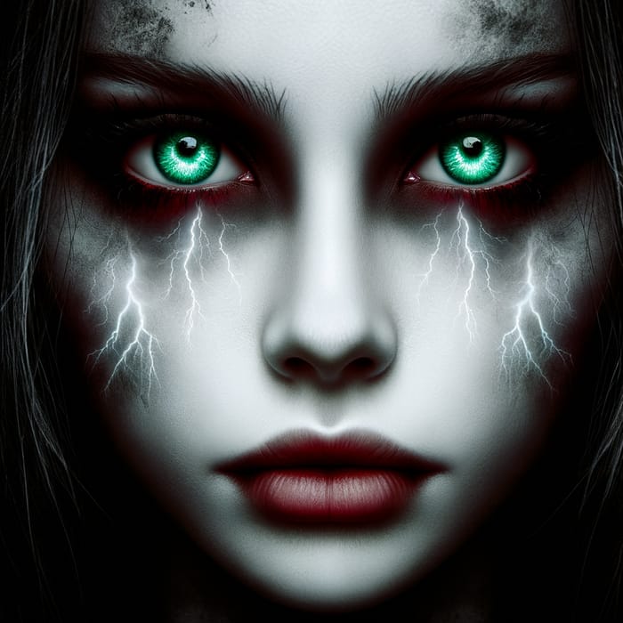 Eerie Ghost Girl with Green Eyes and Lightning-filled Gaze