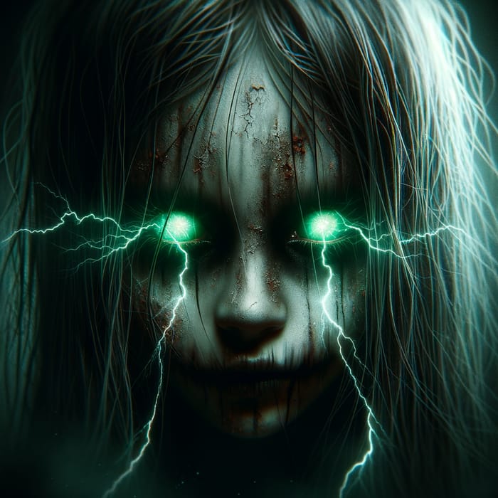 Spooky Ghost Girl with Green Eyes and Lightning