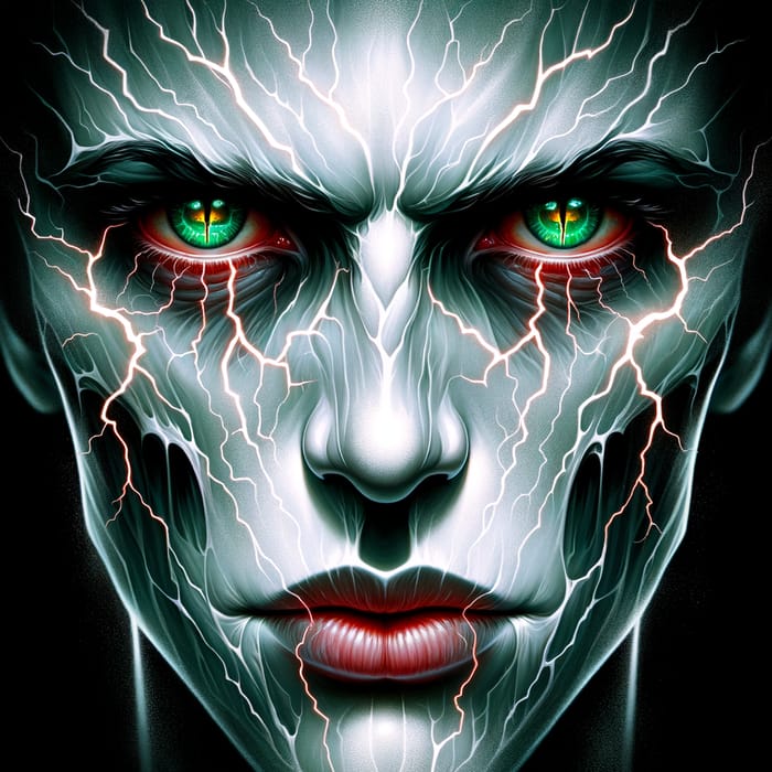 Ghostly Man with Fiery Green Eyes, Thunderous Gaze, and Pale Red Lips