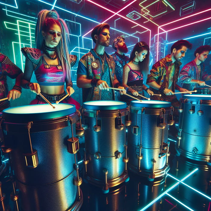 Cyberpunk Drums Ensemble: Futuristic Setting with Musicians