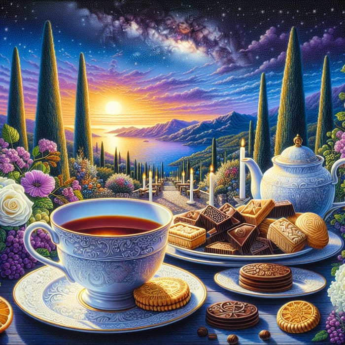 Enchanting Tea Time Illustration | Starry Night Landscape