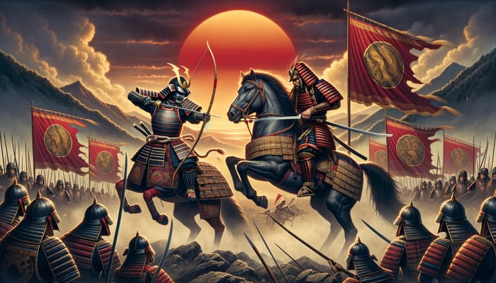 Japanese Samurai Dueling Mongol Horseman on Ancient Battlefield