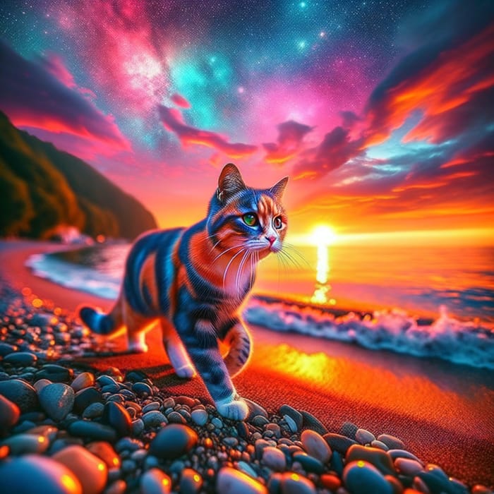 Captivating Sunset: Multi-Colored Cat by the Seaside