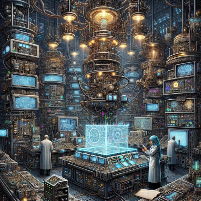 Evil Genius Laboratory with High-Tech Monitors and Robotic Arms