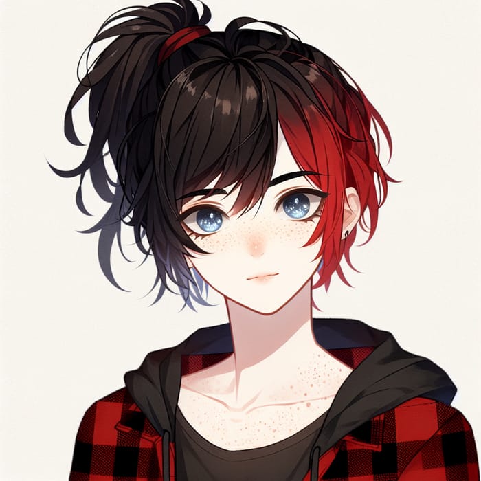 Vivacious Anime-Style Boy Character with Black and Red Hair
