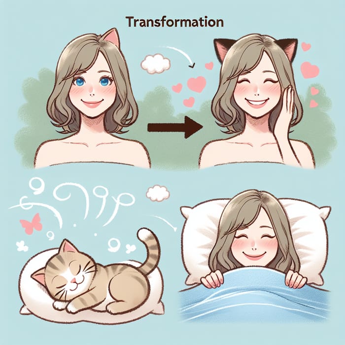 Joyful Woman's Transformation into Cat in Cozy Bed