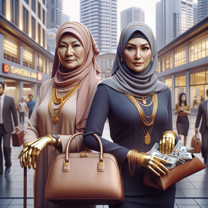 Asian Muslim Women with Hijab and Gold Jewelry - Urban Pawning Scene