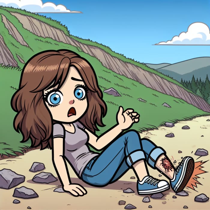 Cartoon Woman Trips Over Rocks on Steep Hill