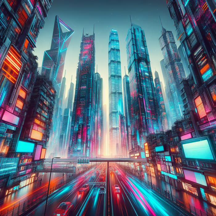 Bustling Cyberpunk City with Neon Skyscrapers & Flying Cars