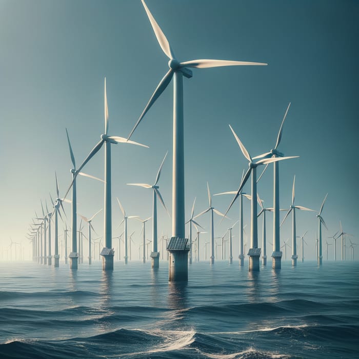 Wind Turbines and Solar Panels in Tranquil Seascape
