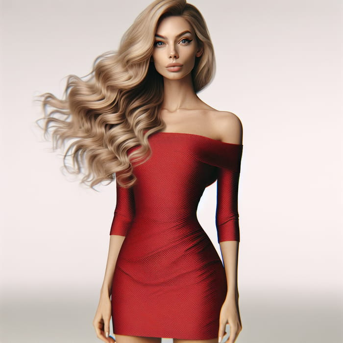 Pretty Woman with Hyper Realistic Blonde Hair in Red Mini Dress