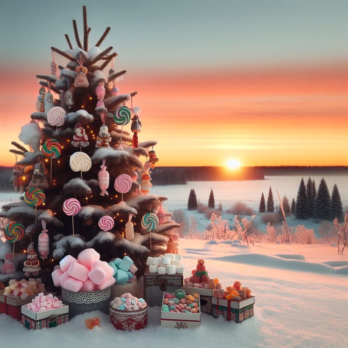 Spruce Tree Adorned with Sweets in Snowy Sunrise Field