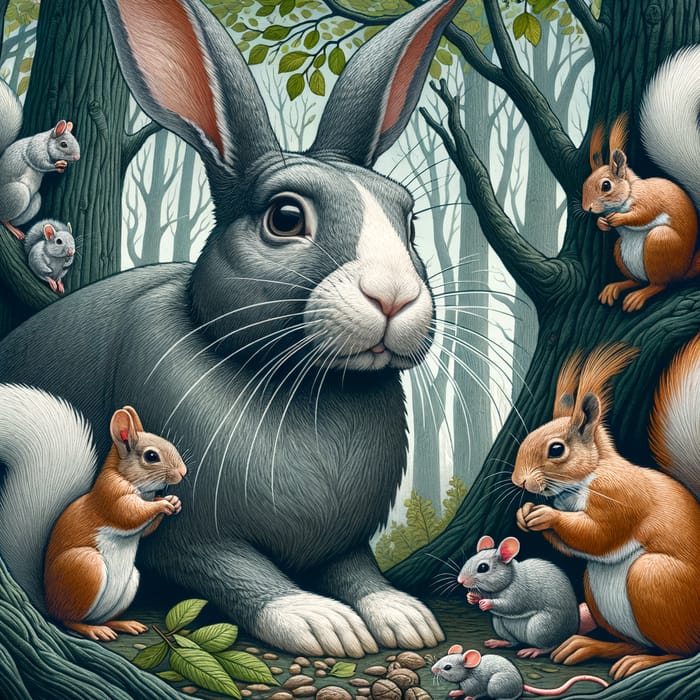 Wise Rabbit in the Forest with Squirrels and Mice