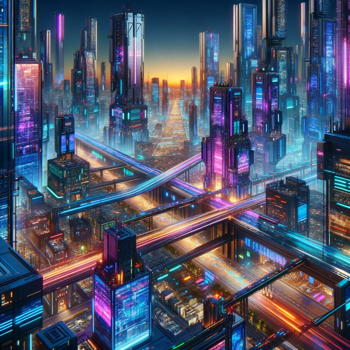 Vibrant Cyberpunk Cityscape at Night: Neon Lights & Activity