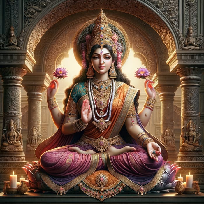 Serene Lotus Seated Goddess Lakshmi: Majestic Depiction