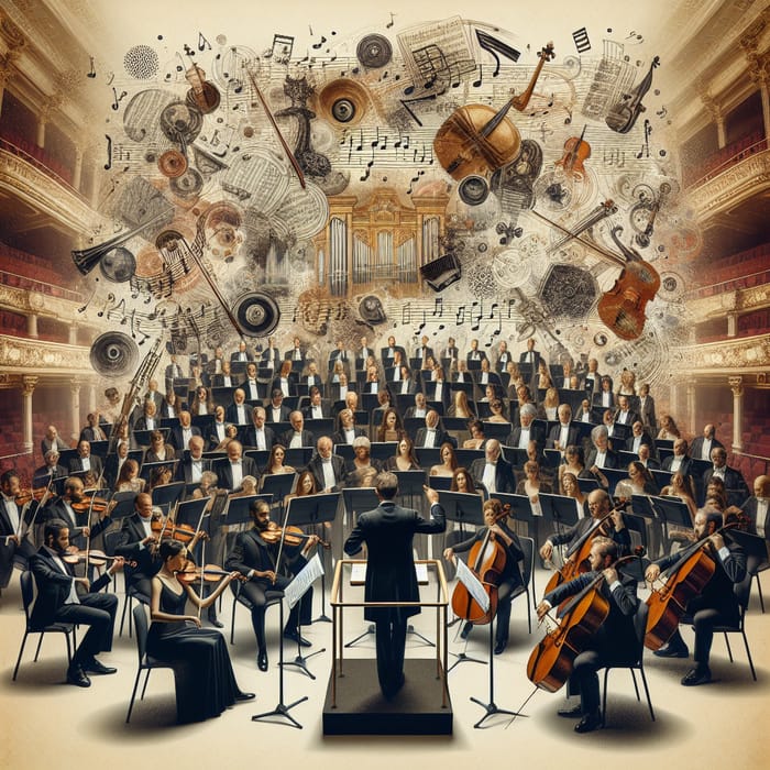 Diverse Grand Orchestra Performing Classical Music in Elaborate Concert Hall