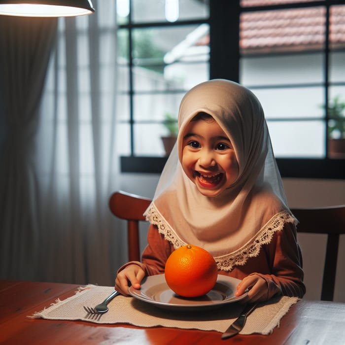 Young Muslim Girl Excited Over Juicy Orange at Dinner Table