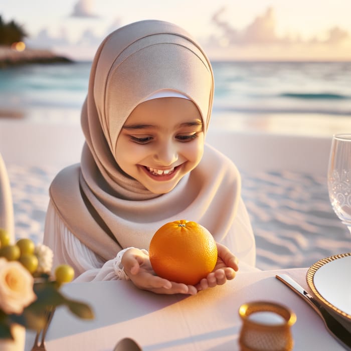 Olivia Muslim Girl at Beach Dinner Table with Orange