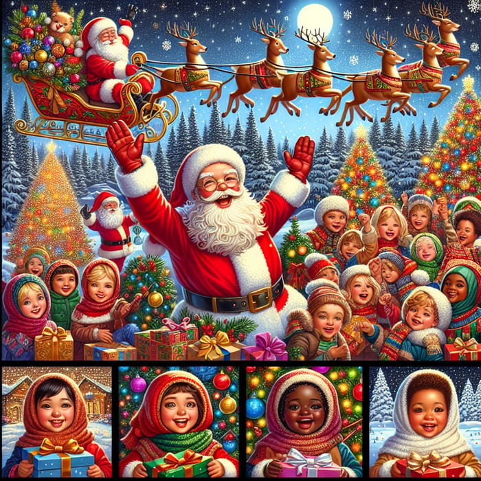 Festive Christmas Postcard with Santa, Trees, Children & Gifts