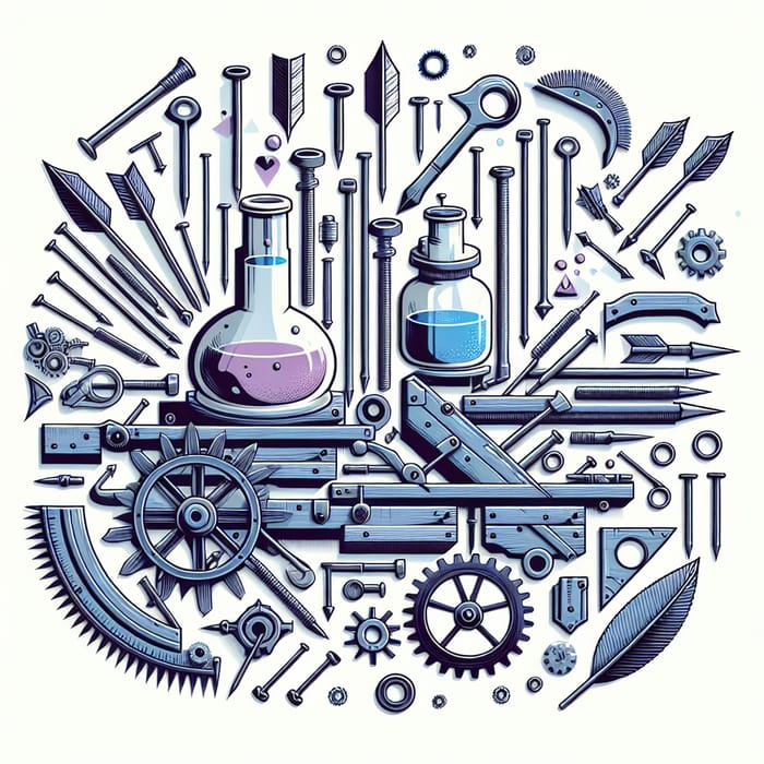 Diverse Tools and Machinery in Shades of Blue, Grey, and Purple